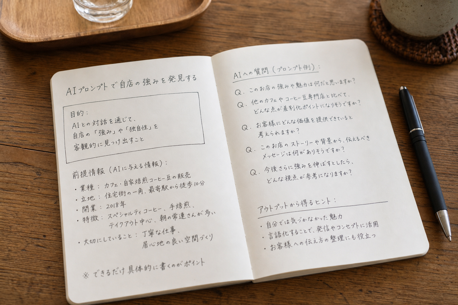 AIプロンプトで自店の強みを発見するための質問例を書き留めたノート