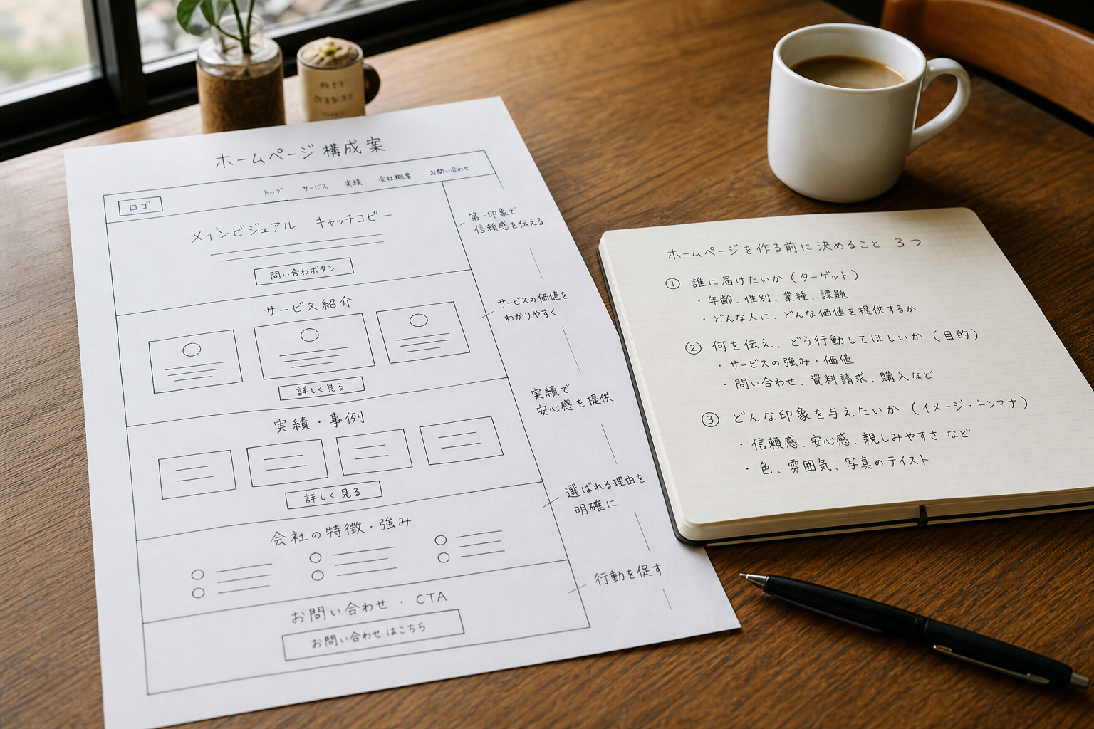 ホームページの構成案と、作る前に決める3つのメモを書き留めたノート