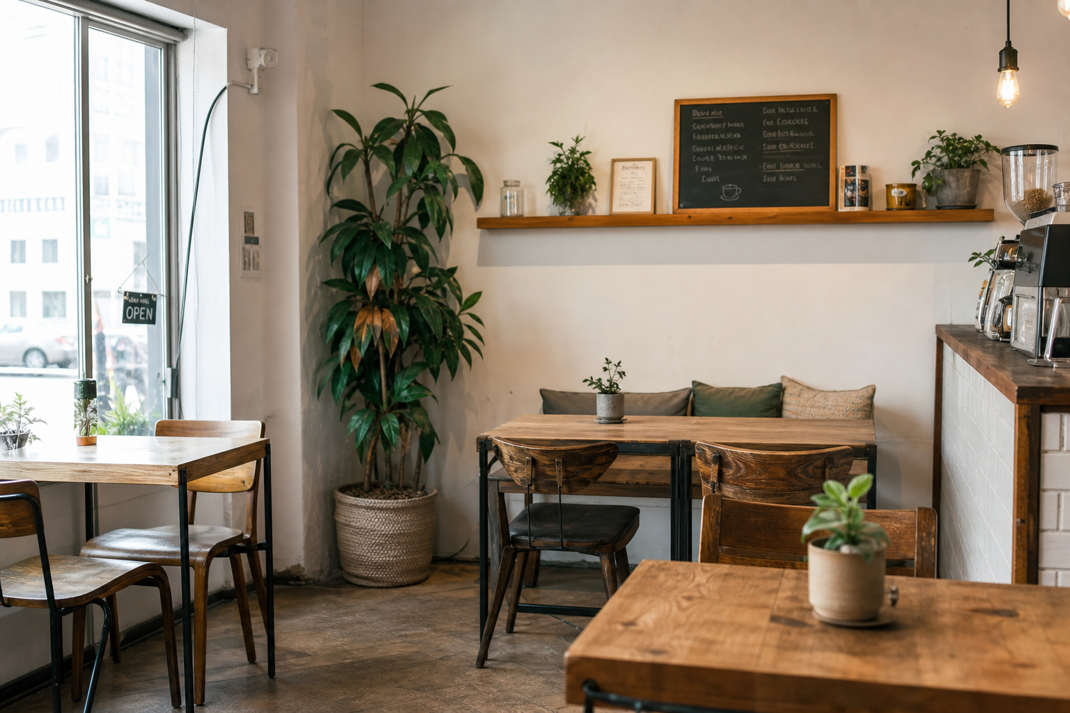 自然光の入る小さなカフェの店内。お店の雰囲気を整理するイメージ写真