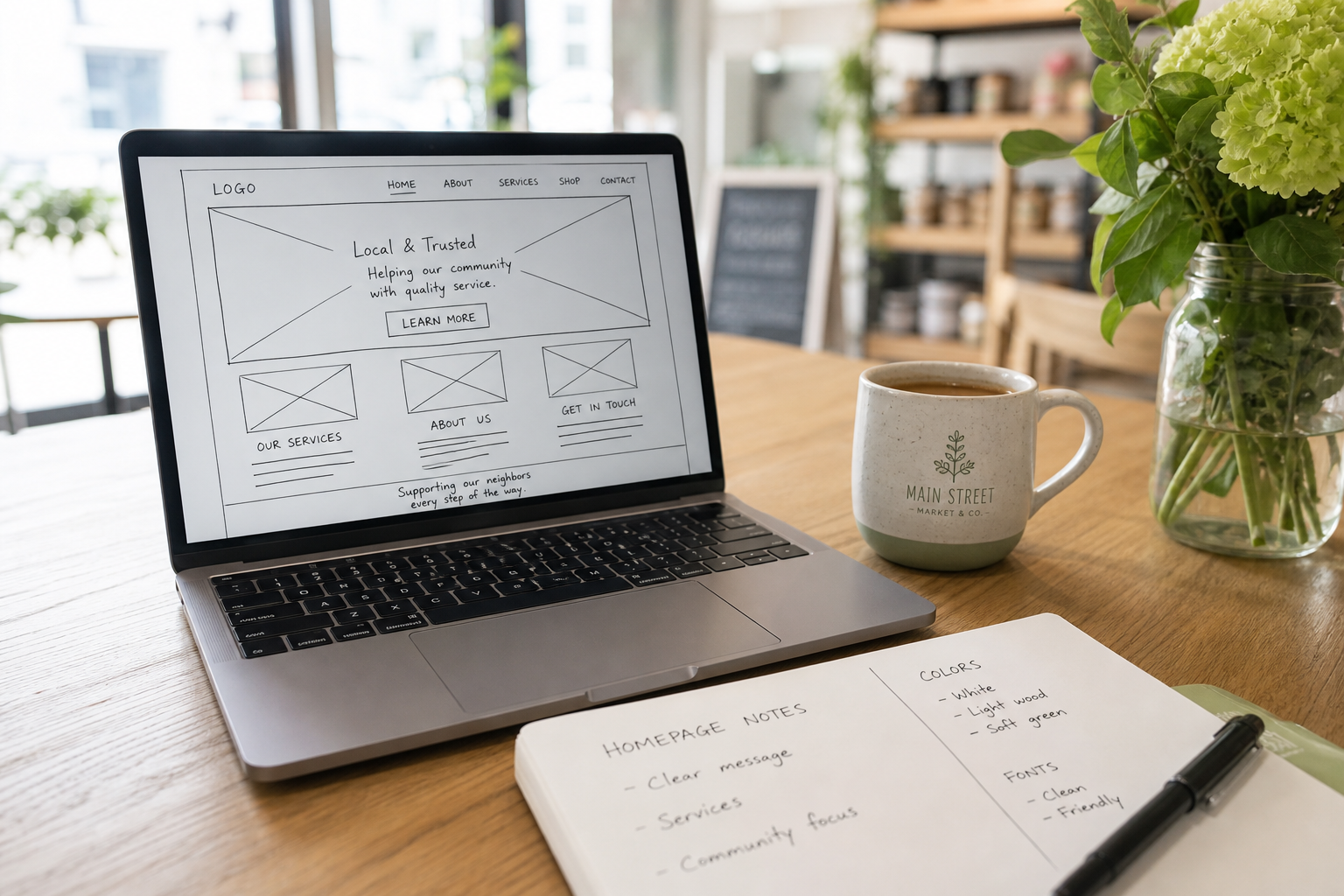 ノートパソコンとメモ、コーヒーを使いながらホームページの構成を整理している作業風景