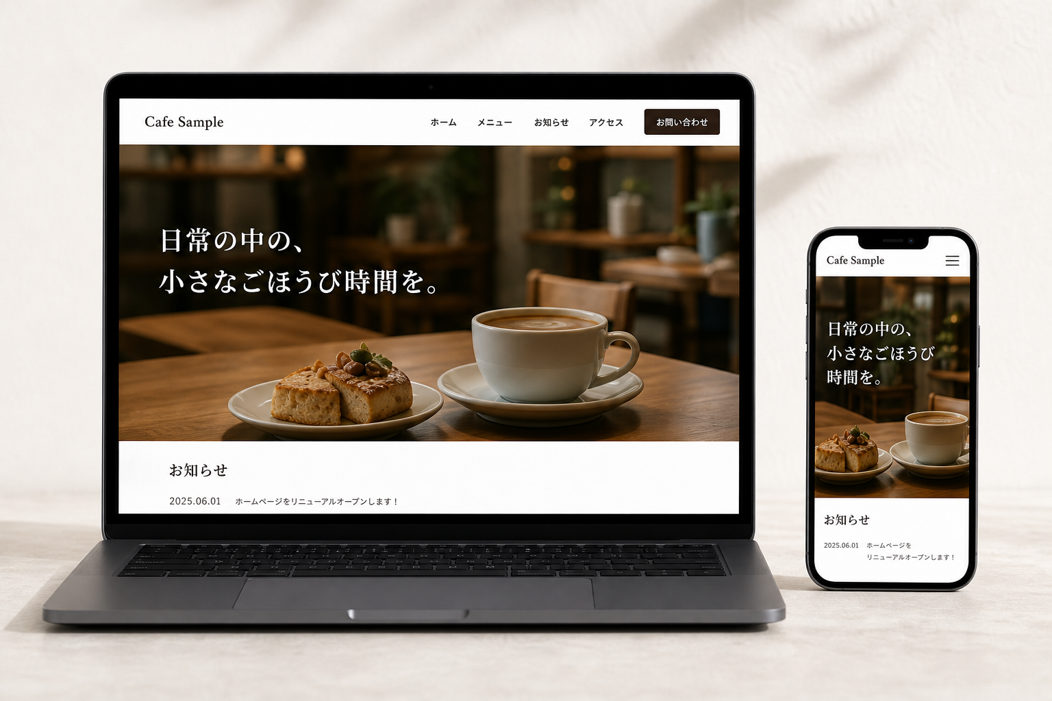 カフェ・飲食店向け制作見本のPCとスマホ表示。メニューと雰囲気、来店前の情報と問い合わせ導線を整理したホームページ見本
